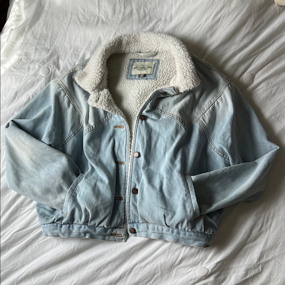 Light Blue Denim Jacket with White Sherpa Collar